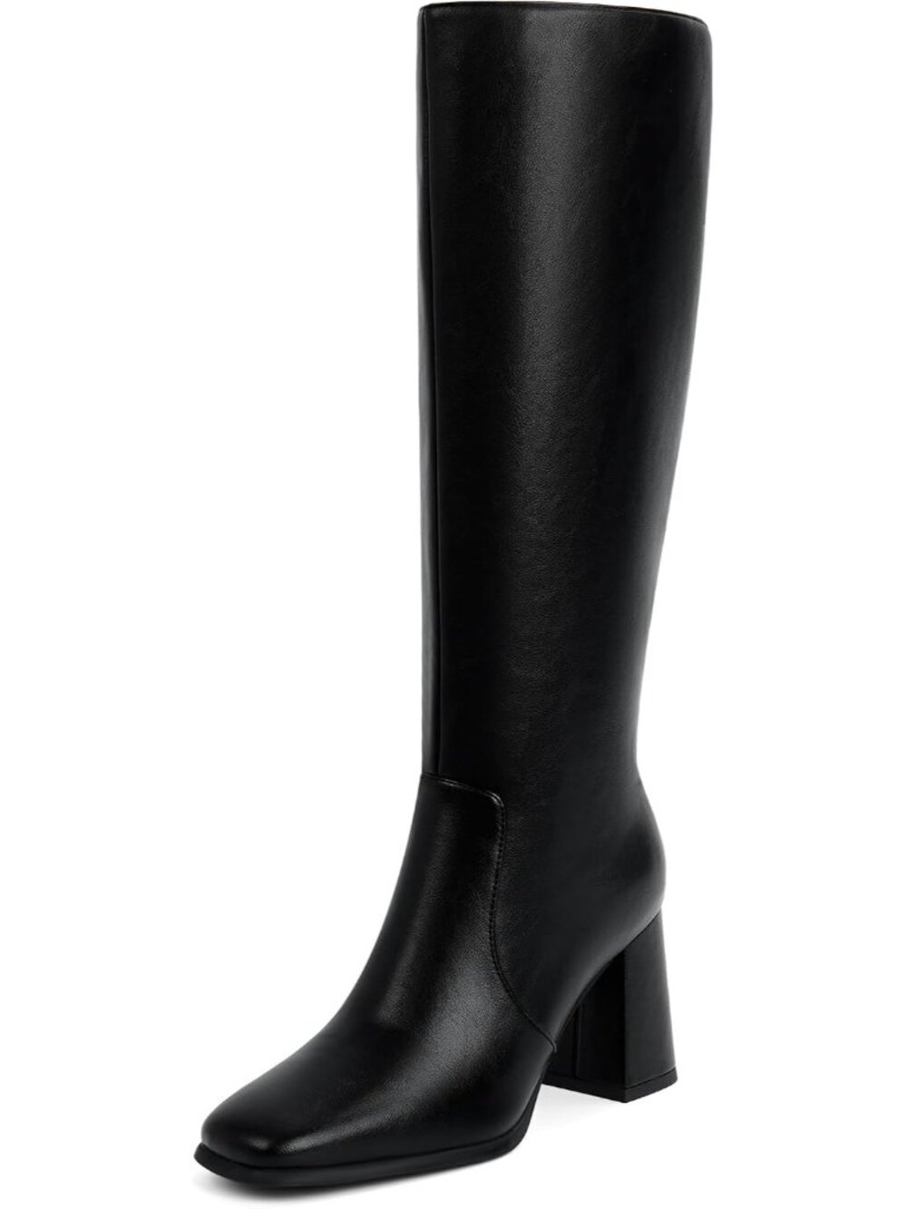 Women Black Square Toe Chunky Heel Side Zipper Knee High Tall Gogo Boot Shoes